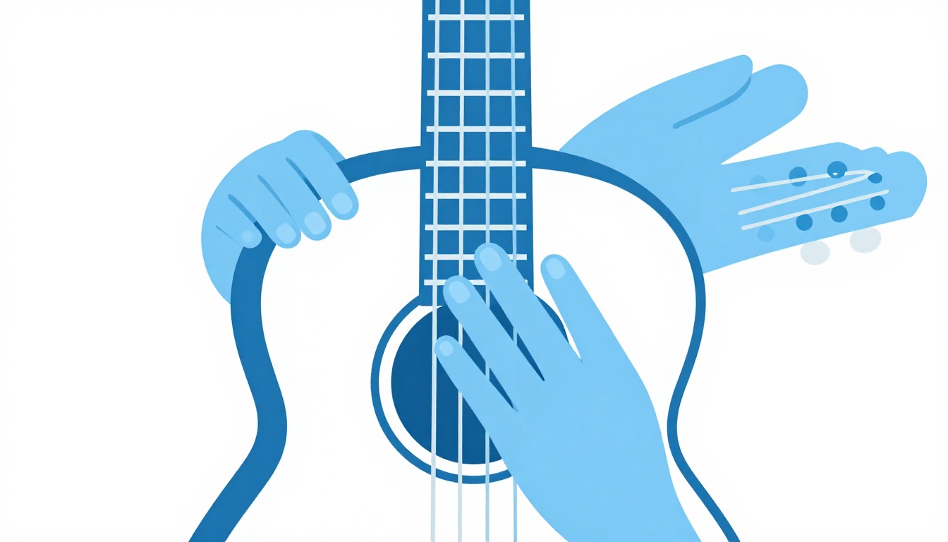 A close-up of a left hand barring the fourth fret of an acoustic guitar neck, with three fingers pressed against higher frets