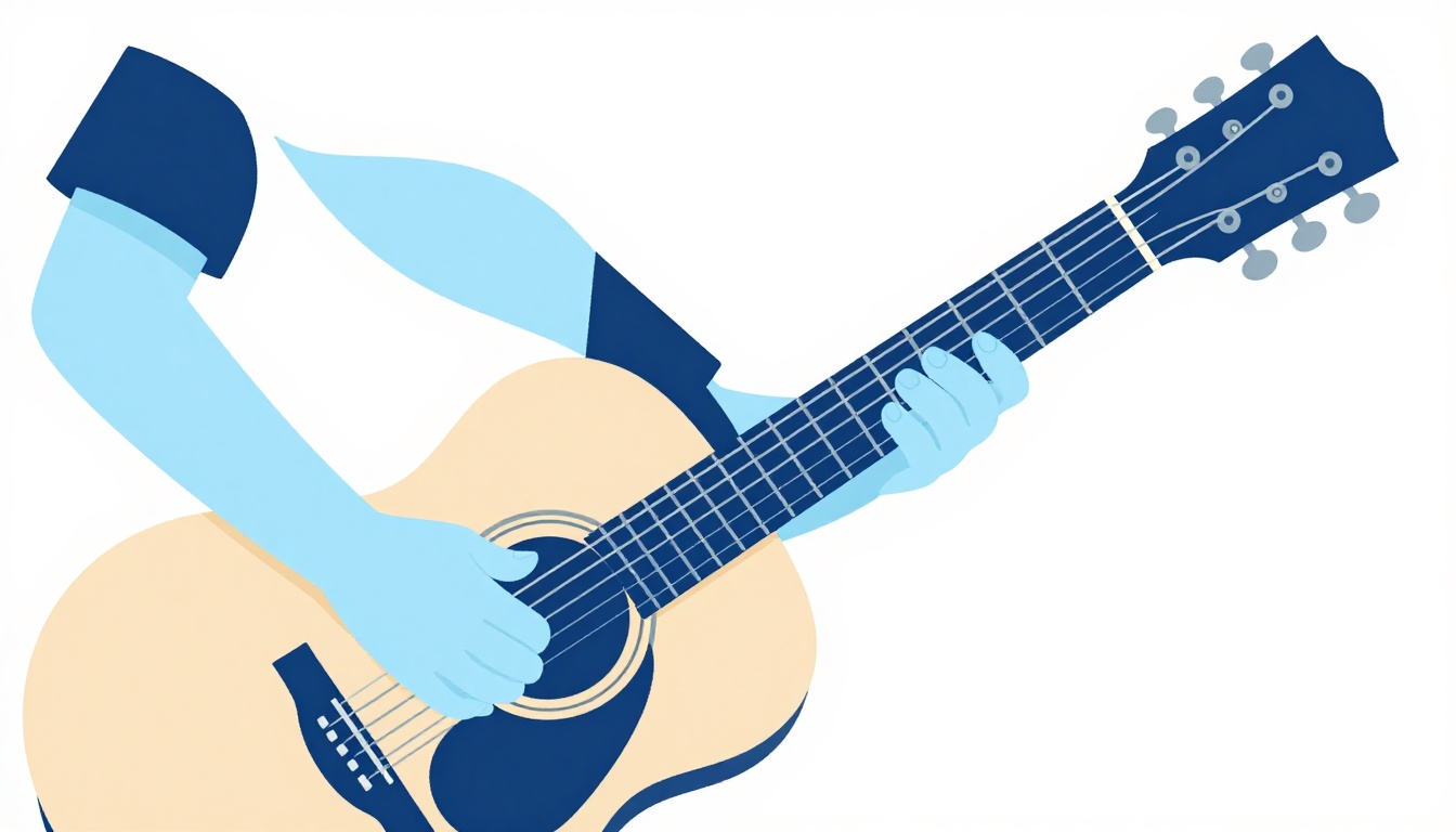 A capo clamped on the first fret of an acoustic guitar neck, with a left hand fingering an open chord shape just behind it