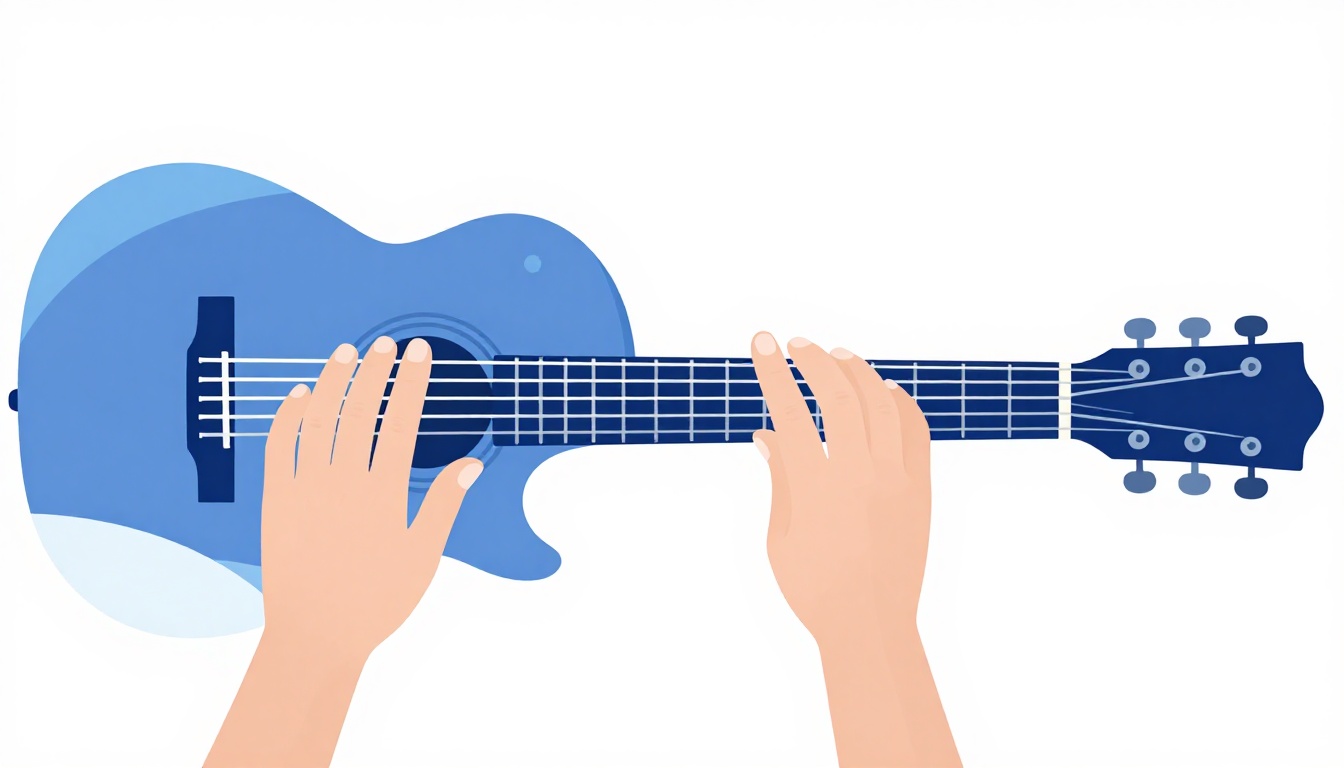 A left hand mid-transition between two barre chord shapes on an acoustic guitar neck, fingers reaching toward a new fret