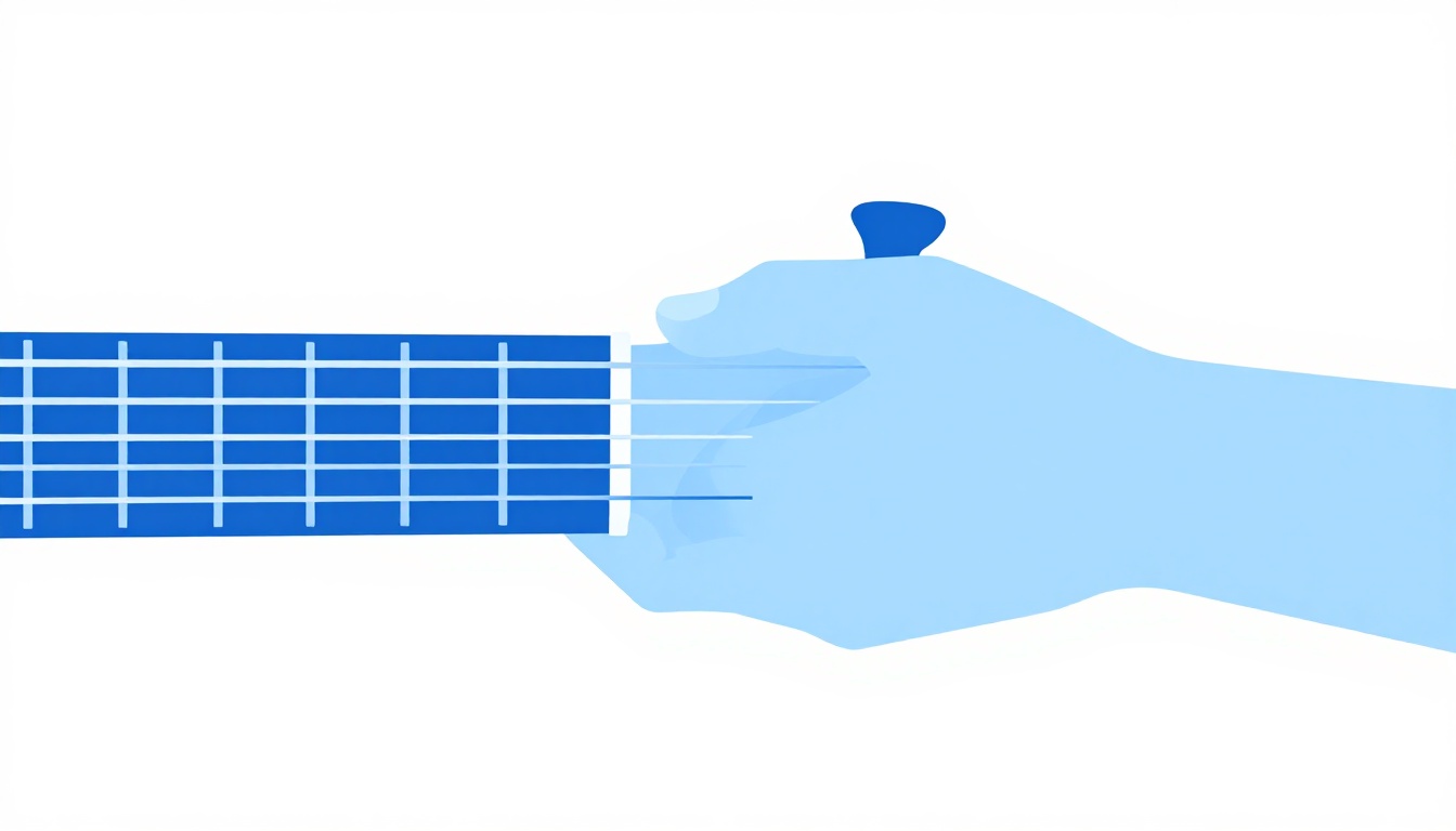 A close up of a left hand fingering an open G chord on an acoustic guitar neck