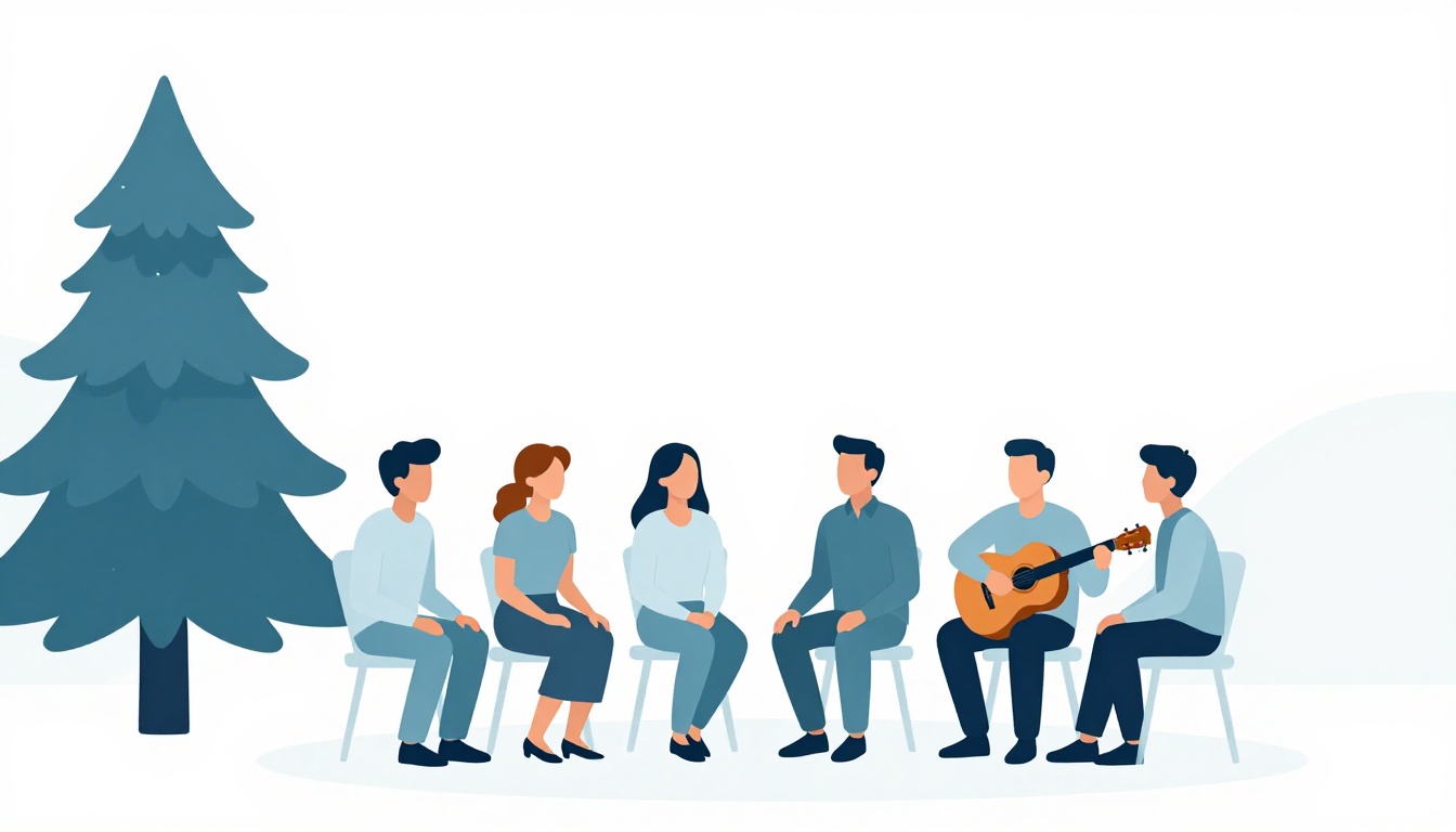 A small group of people singing together while one person plays an acoustic guitar near a Christmas tree