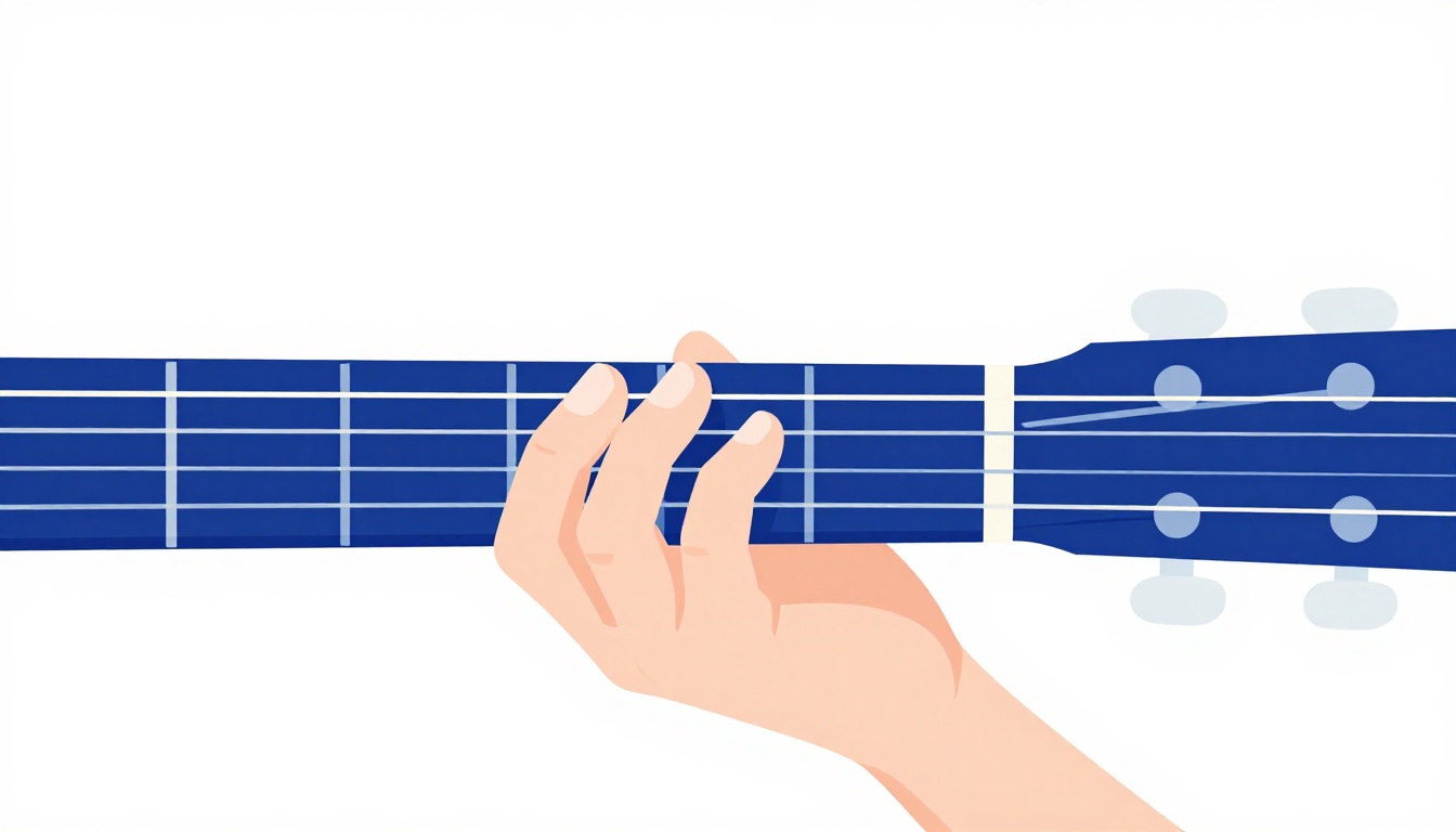A close-up of a fretting hand practicing a finger exercise around the middle of a guitar neck, fingers spread across four frets