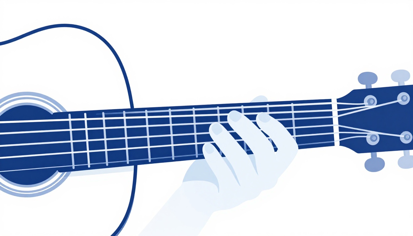 A close up of a left hand fingering an open Cmaj7 chord on an acoustic guitar neck, ring finger and middle finger pressed down and three strings left open