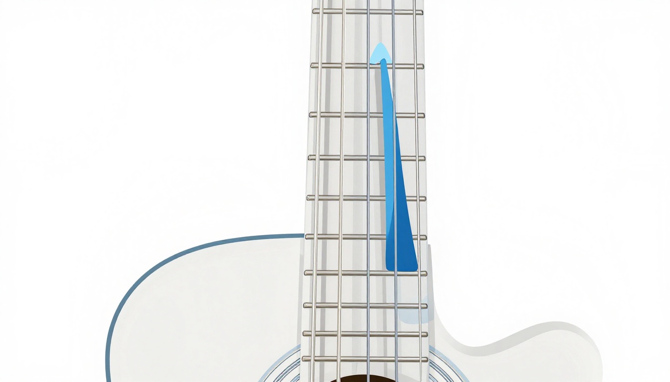 An extreme close up of a fingertip arched vertically and pressing straight down on a single guitar string between two frets, the neighboring string left untouched
