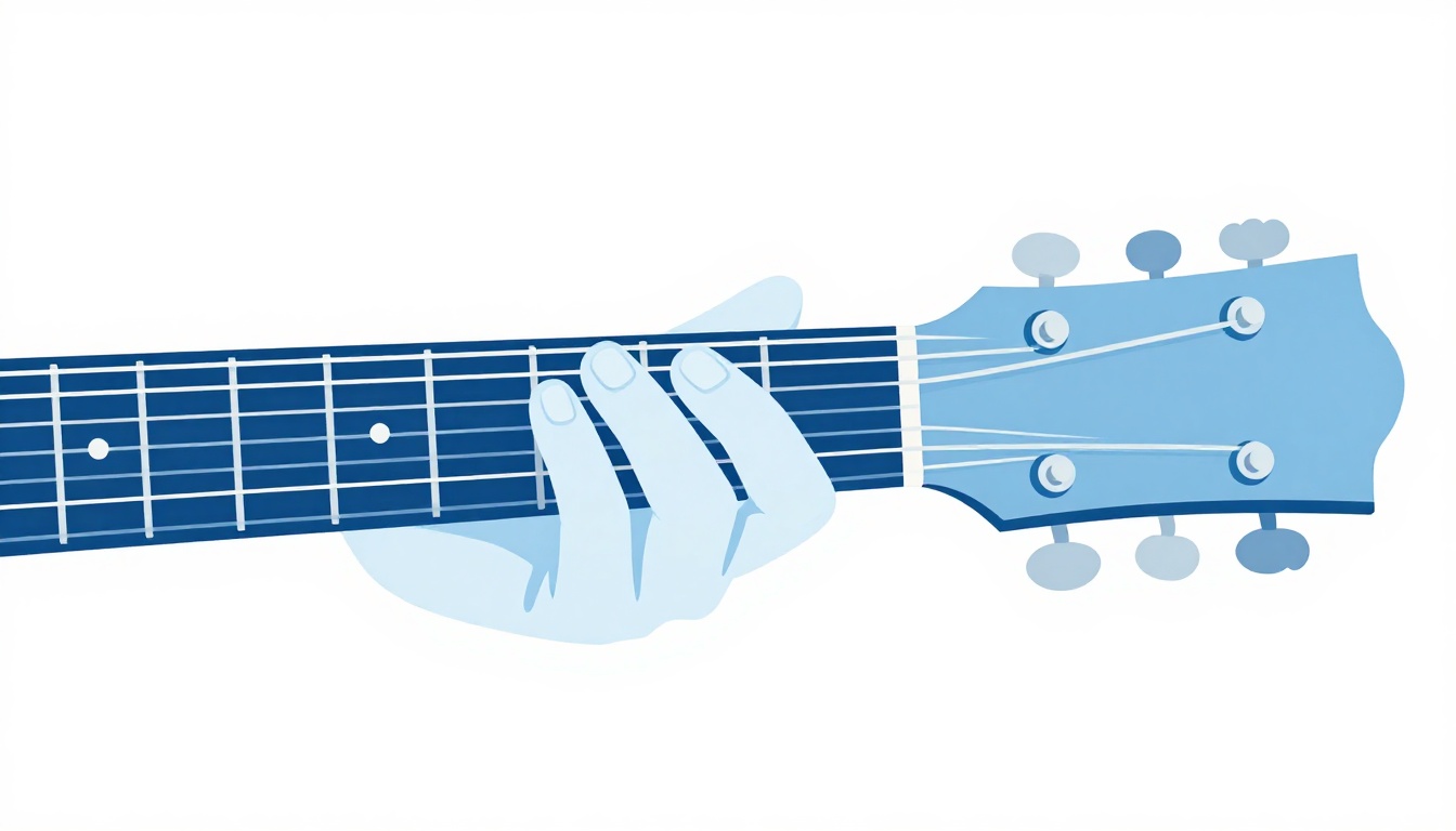 A close up of a left hand with a thumb wrapped over the top of an acoustic guitar neck, fretting the low E string, while other fingers hold a chord shape lower on the fretboard