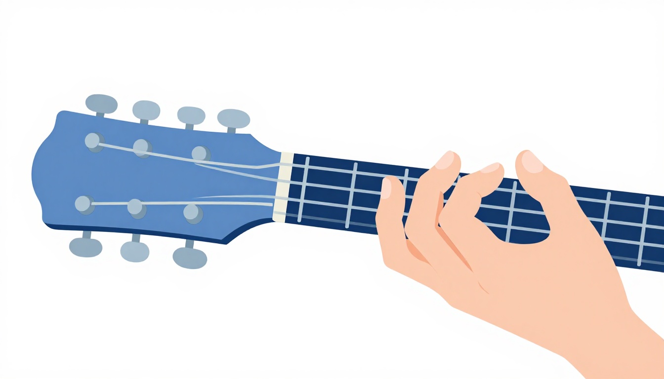 A close up of a left hand barring flat across strings of an acoustic guitar neck high up the fretboard, other fingers pressed on higher frets