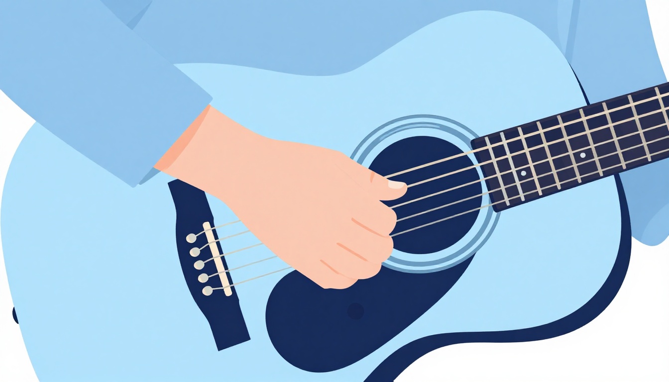 A close up of a left hand stretching and flexing its fingers before playing an acoustic guitar, the instrument resting nearby