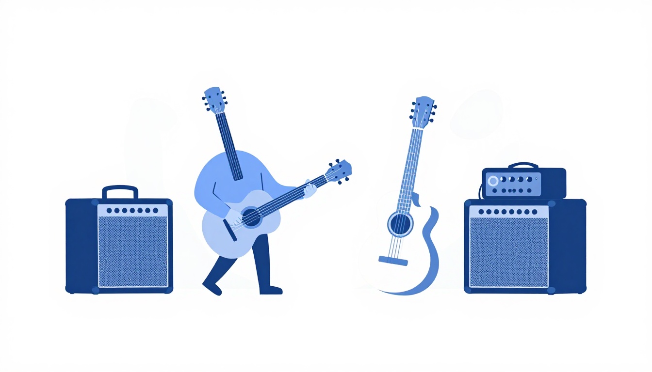 A small band setting up guitars and amps in a dim rehearsal space before practice