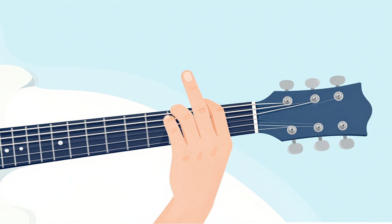 A close up of a left hand forming a barre chord on an electric guitar neck with one finger lifted slightly off the fretboard