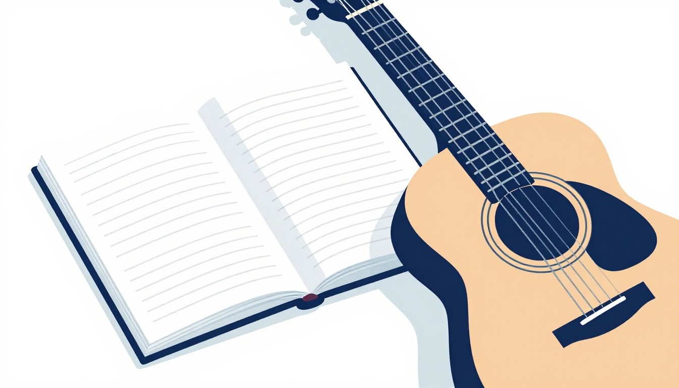 An open notebook with handwritten song sections next to an acoustic guitar resting on a bed