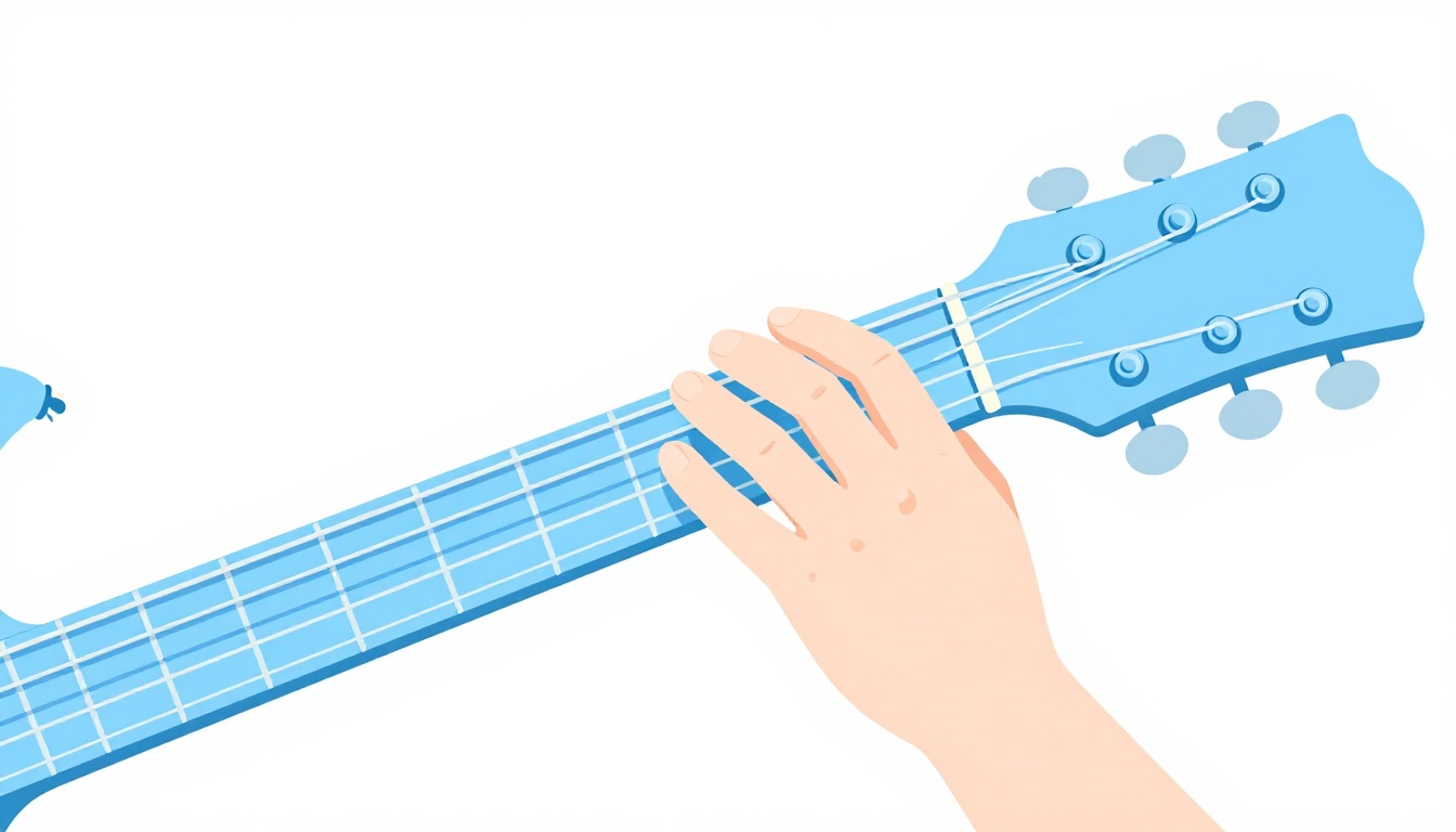 A close up of a left hand fingering a partial barre chord low on an electric guitar neck, only three strings pressed