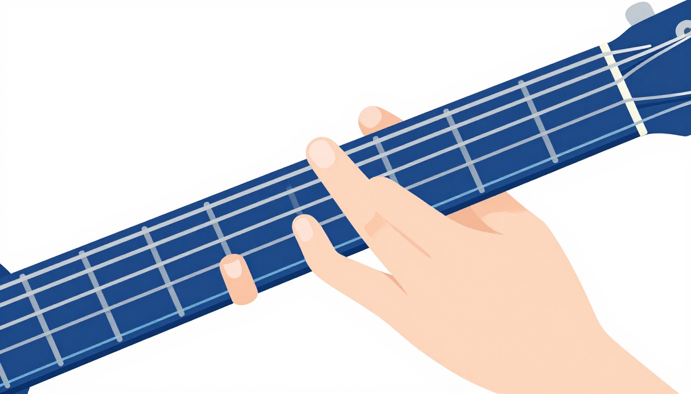 A close-up of a left hand fingering a simplified two-finger Csus2 chord on an acoustic guitar neck, index finger on the second string and ring finger on the first string