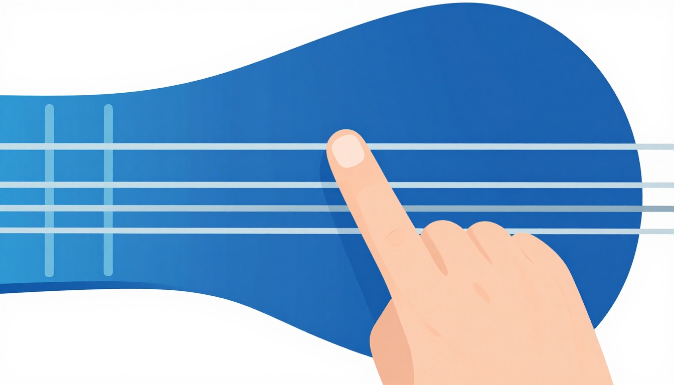 An extreme close-up of a fingertip pressed just behind a fret wire on a guitar string