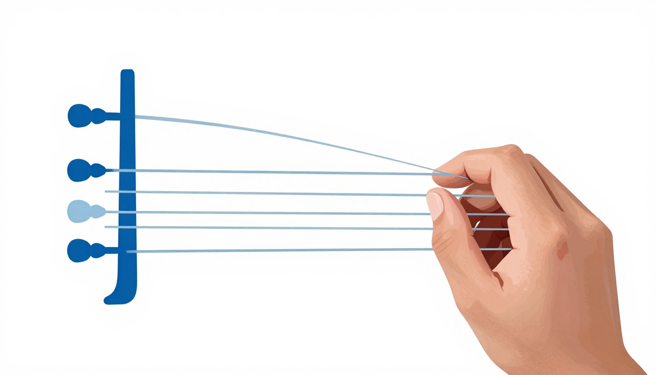 A close-up of a left hand's index finger hovering near the open fourth string of an acoustic guitar, preparing to play a scale