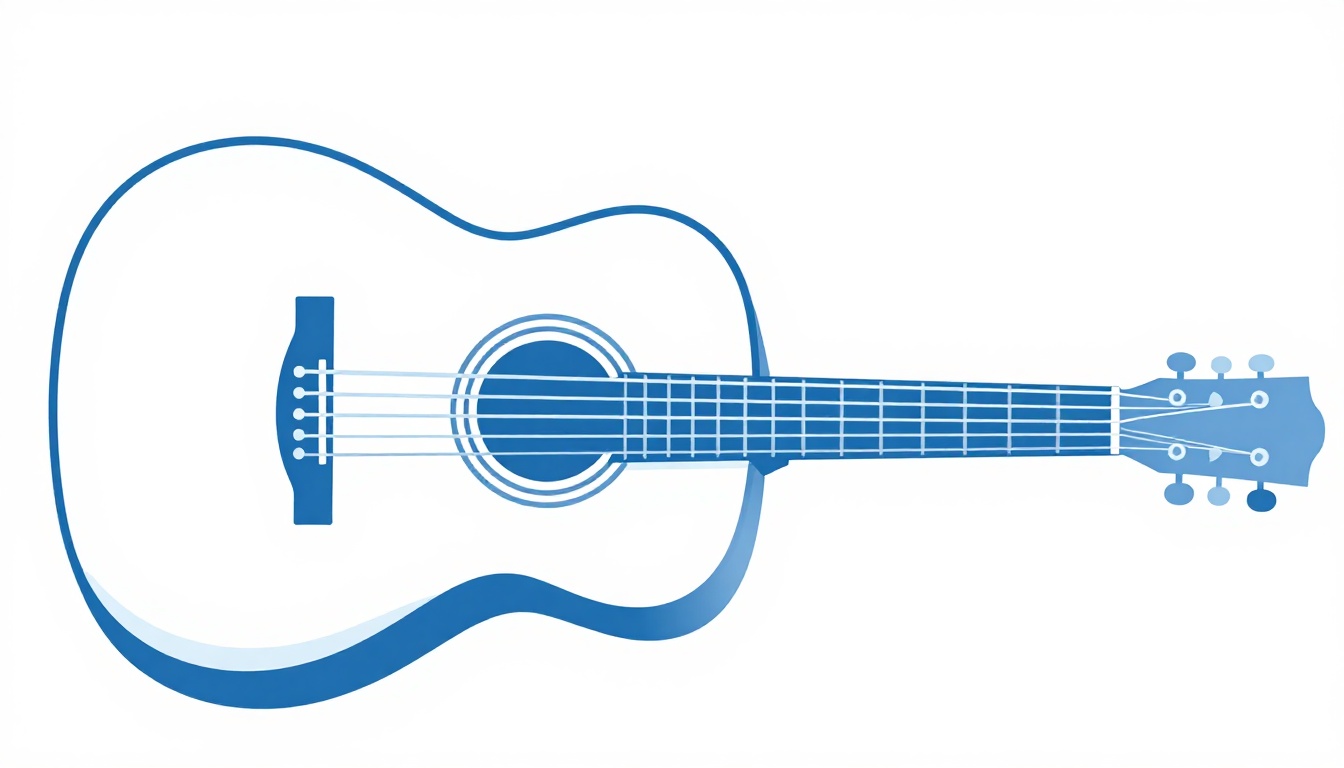 An acoustic guitar body and neck viewed from above with all six strings visible, light catching the strings near the sound hole