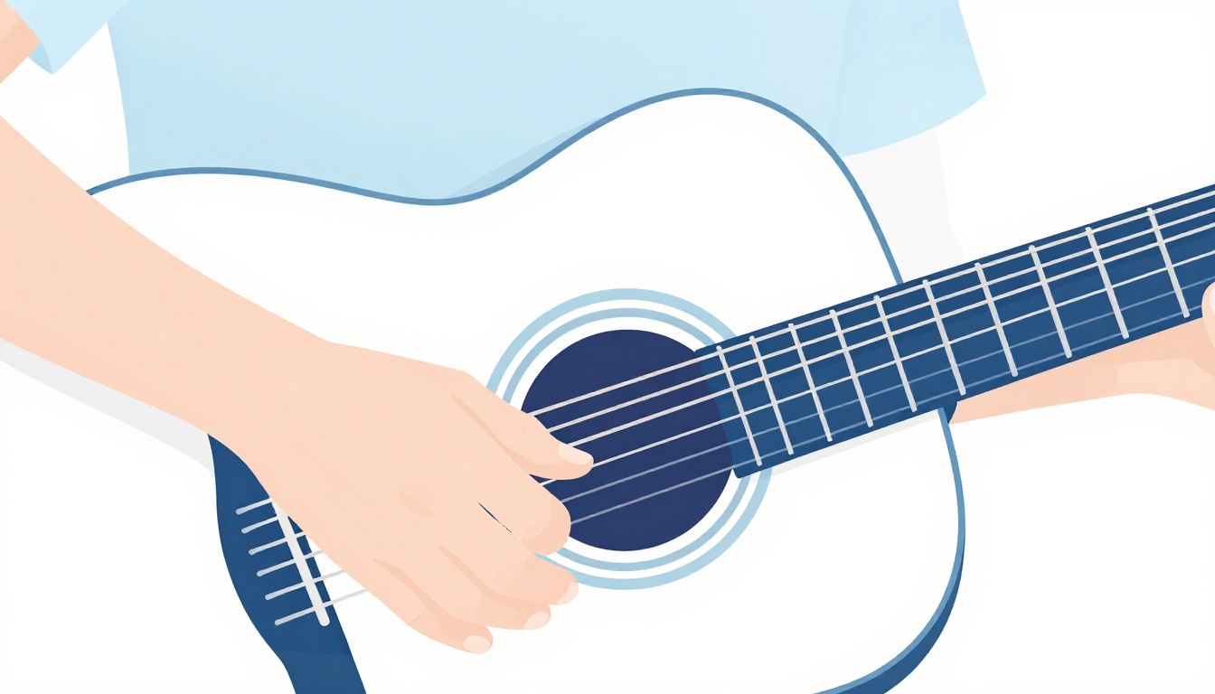 A close-up of a left hand fingering an open D major chord on an acoustic guitar neck
