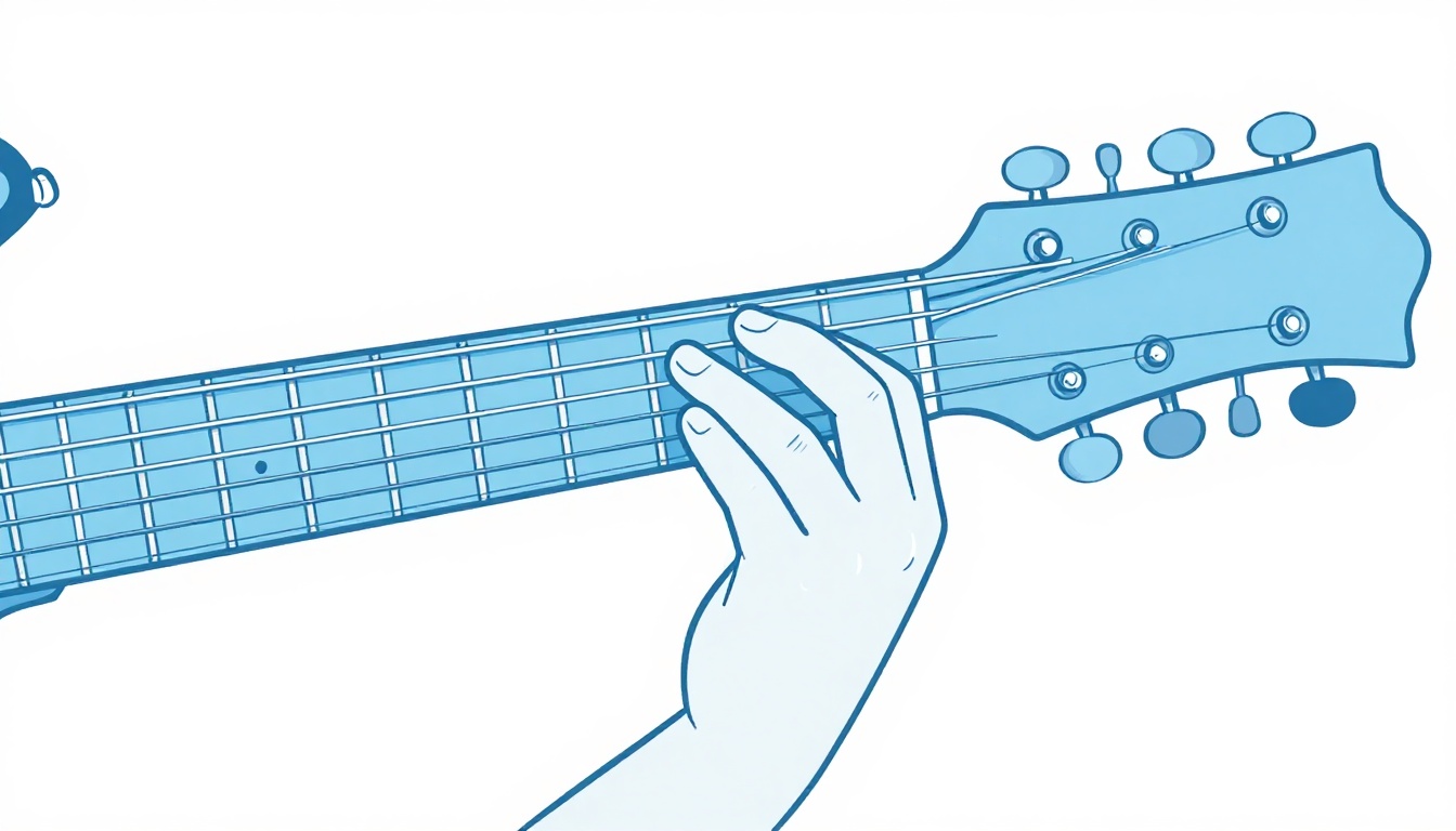 A close-up of a left hand positioned higher up an electric guitar neck near the fifth fret, fingers spread across several frets