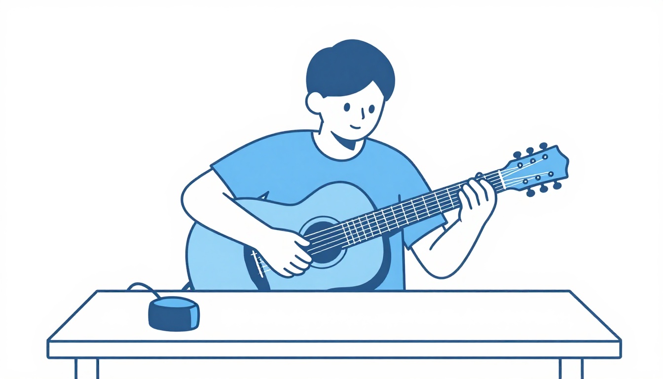 A guitarist practicing scales on an acoustic guitar with a small metronome placed on a table nearby
