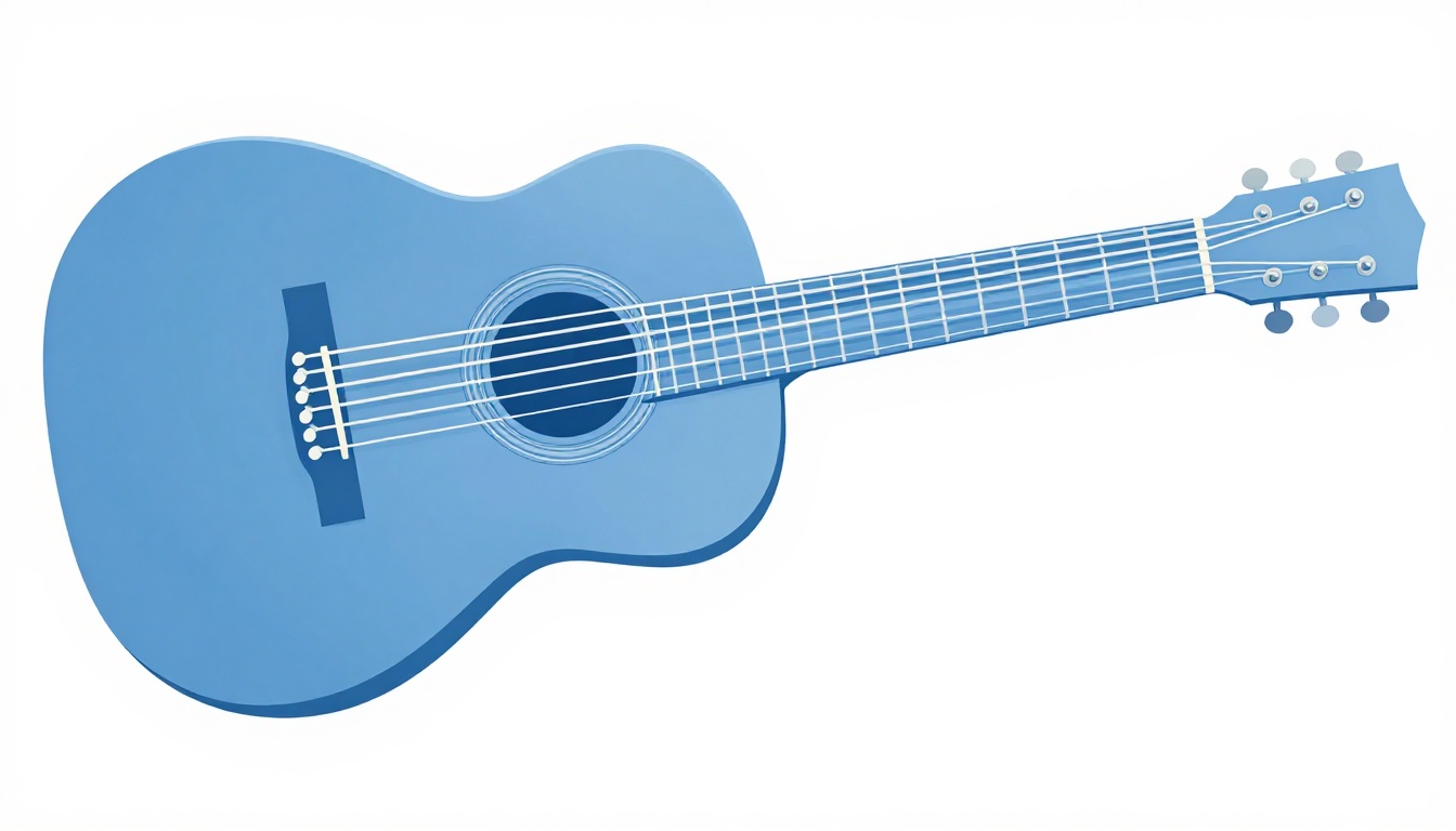 An acoustic guitar body and neck viewed from above with all six strings visible, light catching the strings near the sound hole