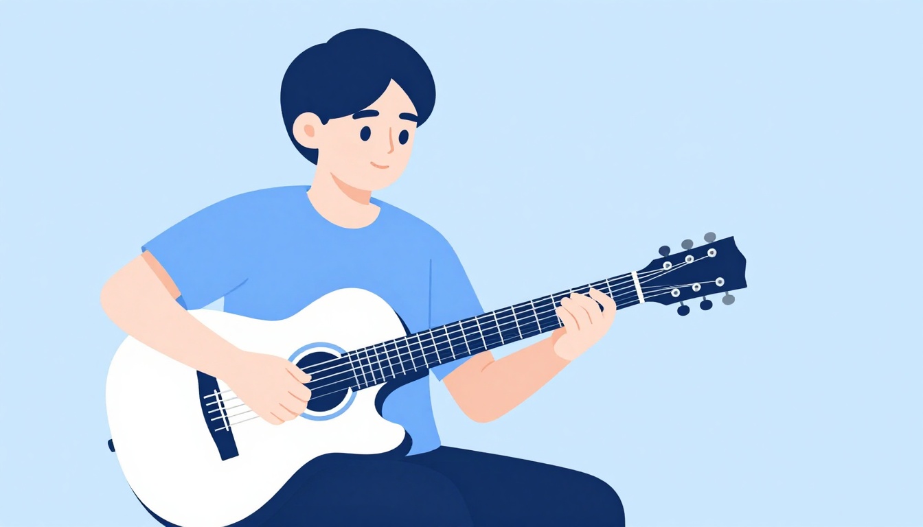 A person sitting with an acoustic guitar practicing scales attentively in natural light