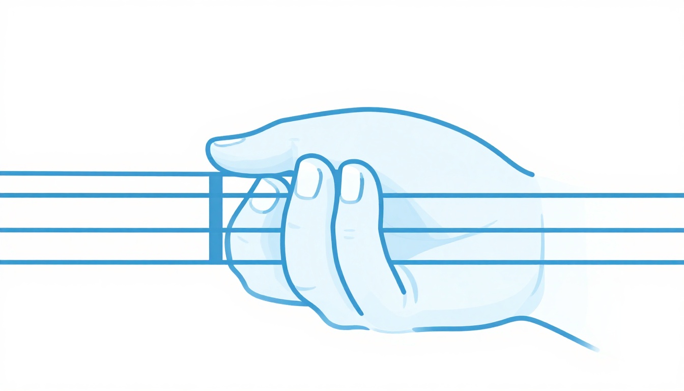A close up of a left hand index finger laid flat across all six strings of a guitar neck, viewed from the guitar body toward the headstock