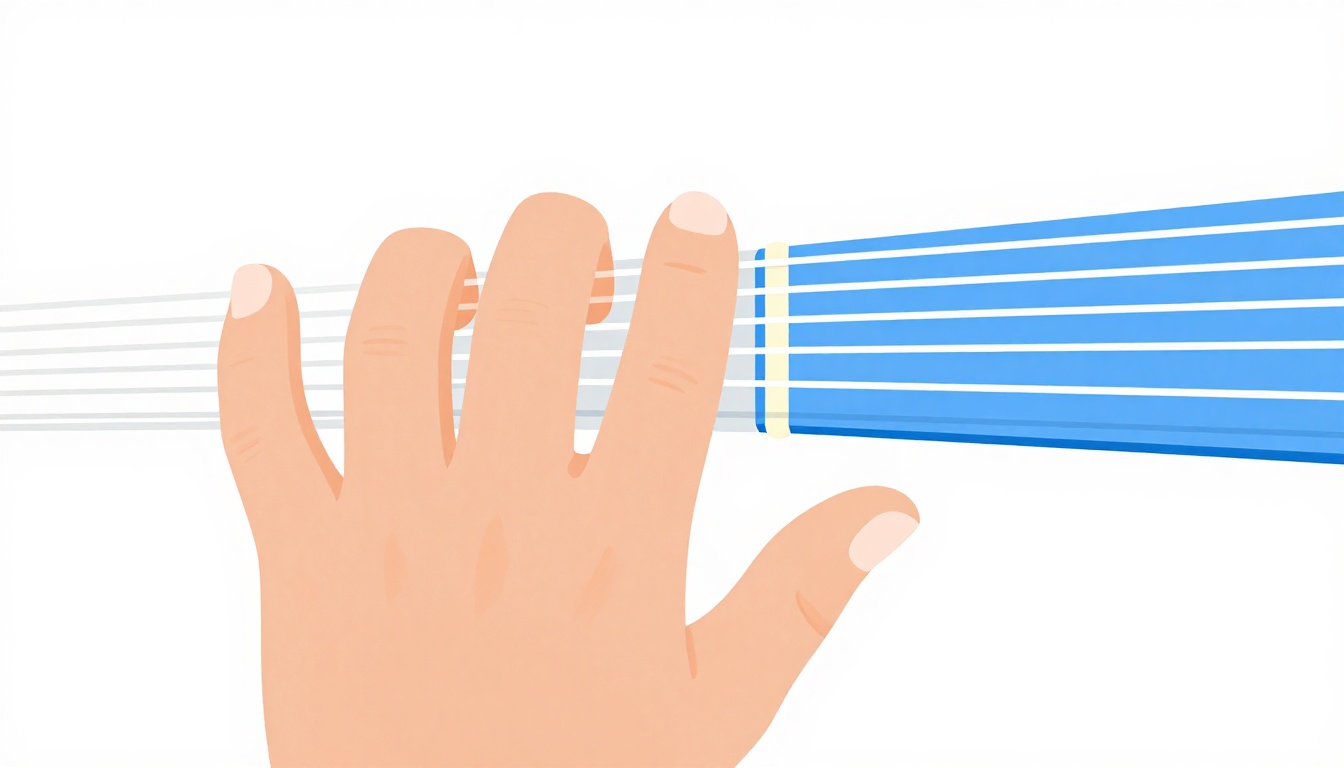 A close up of a left hand's ring finger and pinky finger pressing down on two neighboring strings just ahead of a barring index finger