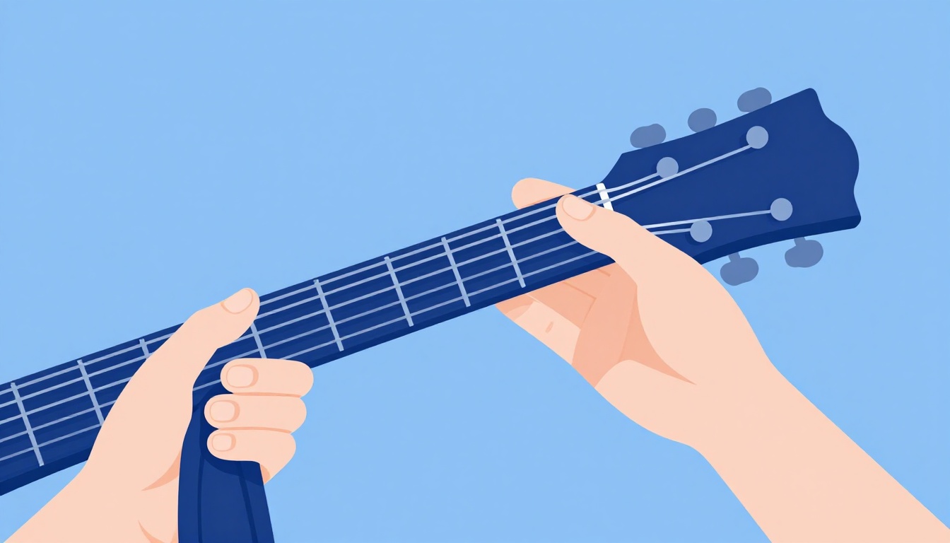 A close up of a left hand gripping a guitar neck lower down, index finger barring five strings with three other fingers pressed on higher frets