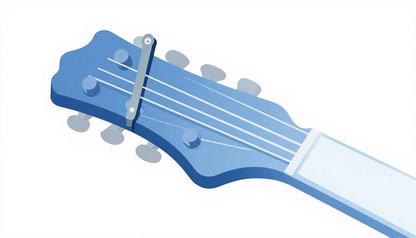 A close up of a metal capo clamped across the first fret of an acoustic guitar neck