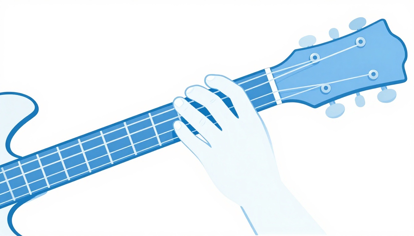 An extreme close up of an index finger rolled onto its outer edge pressing firmly across guitar strings, with a thumb visible behind the neck