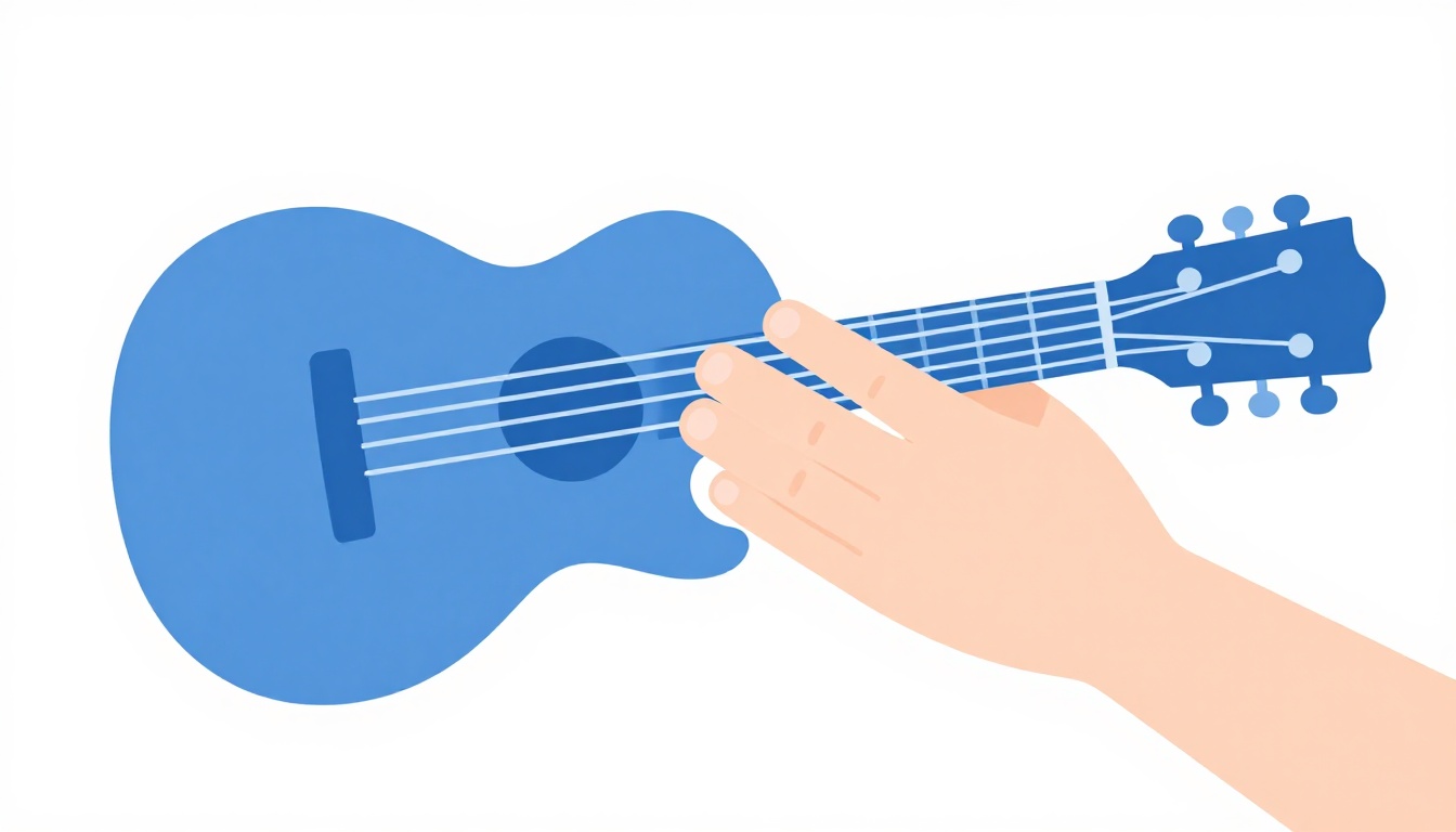 A side view close up of a left hand wrist and thumb positioned behind a guitar neck, fingers curled over the fretboard