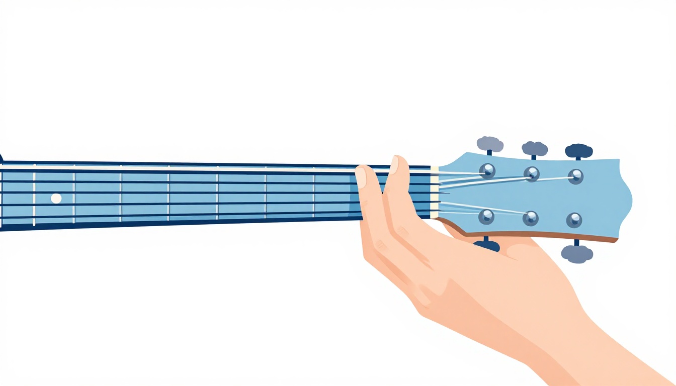 A close up of a left hand stretching between two different chord shapes on a guitar neck, fingers mid movement