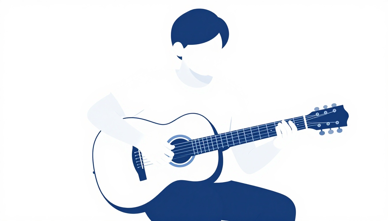 A person sitting and practicing acoustic guitar at home, focused on their fretting hand