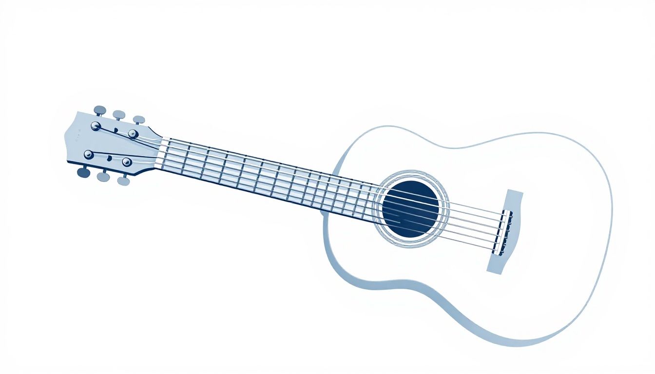 A hand near the headstock of an acoustic guitar with one finger pressed on a string close to the nut, with two strings ringing