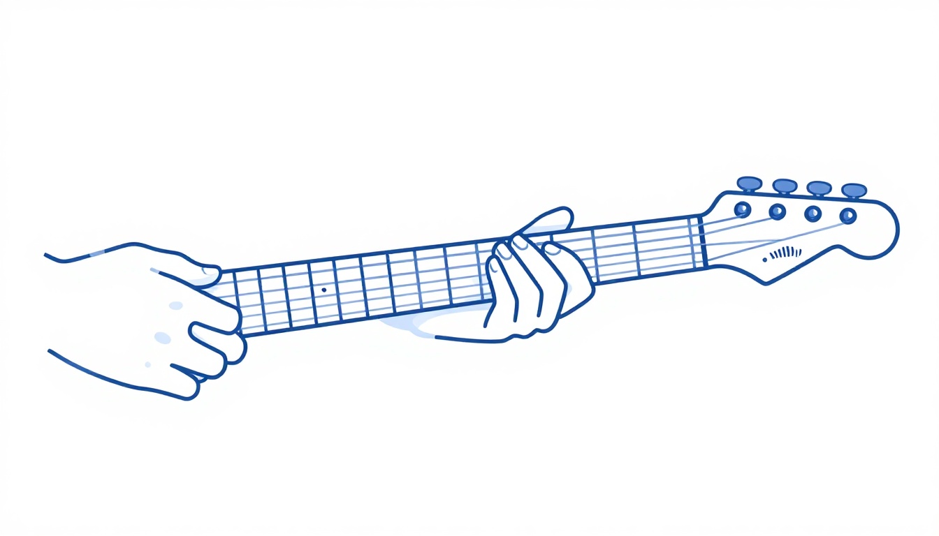 A hand sliding a two-finger power chord shape along a guitar neck from one fret position to another