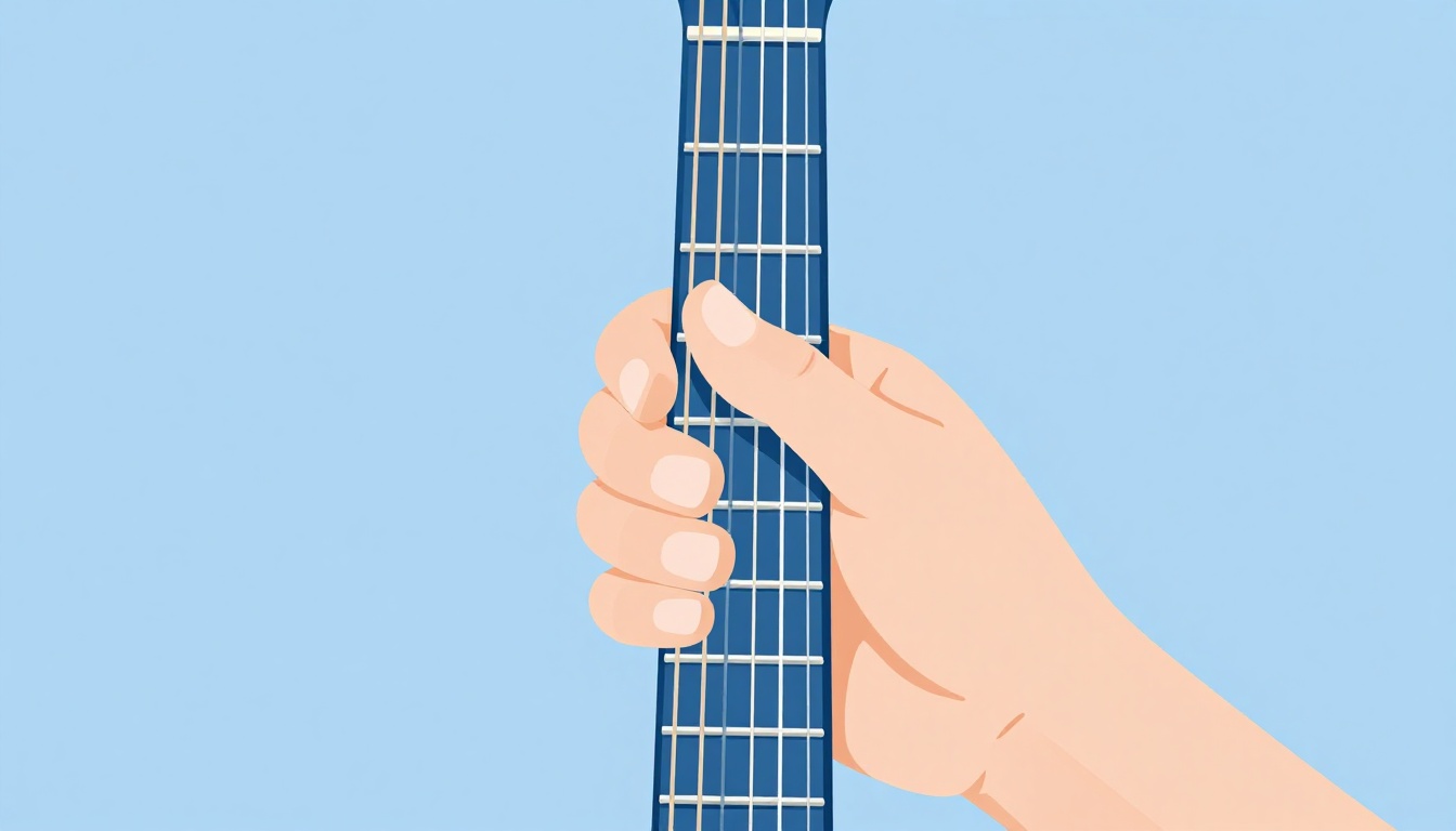 A close-up of a left hand fingering an open D7 chord shape on an acoustic guitar neck near the nut