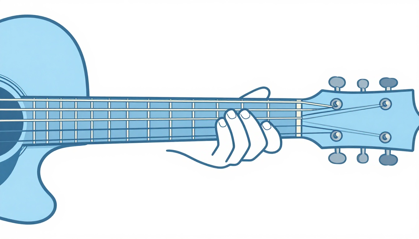 A close-up of a left hand thumb reaching over the top of an acoustic guitar neck to mute the low string