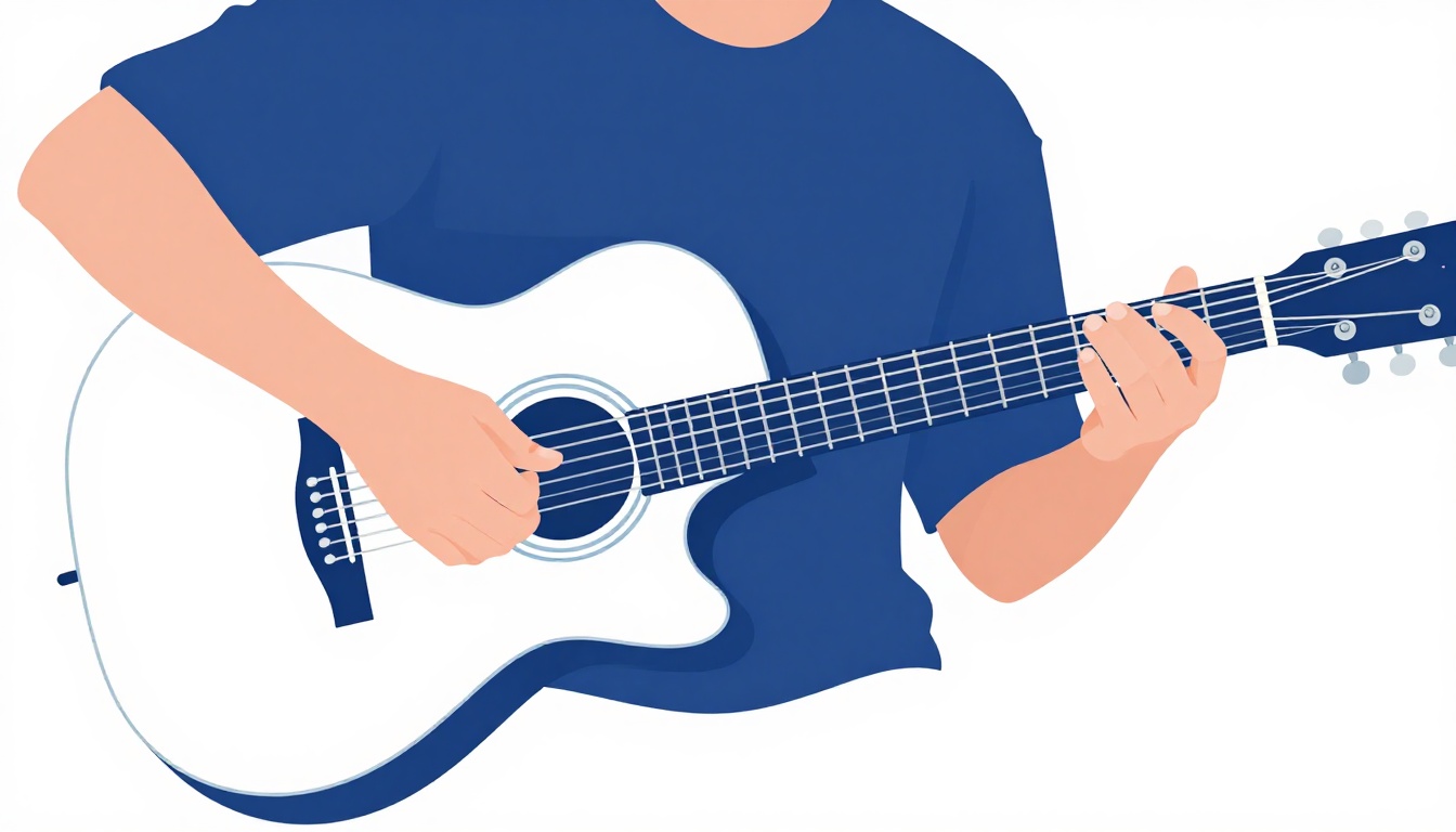 A guitarist's hands mid strum on an acoustic guitar in natural light, switching between chord shapes