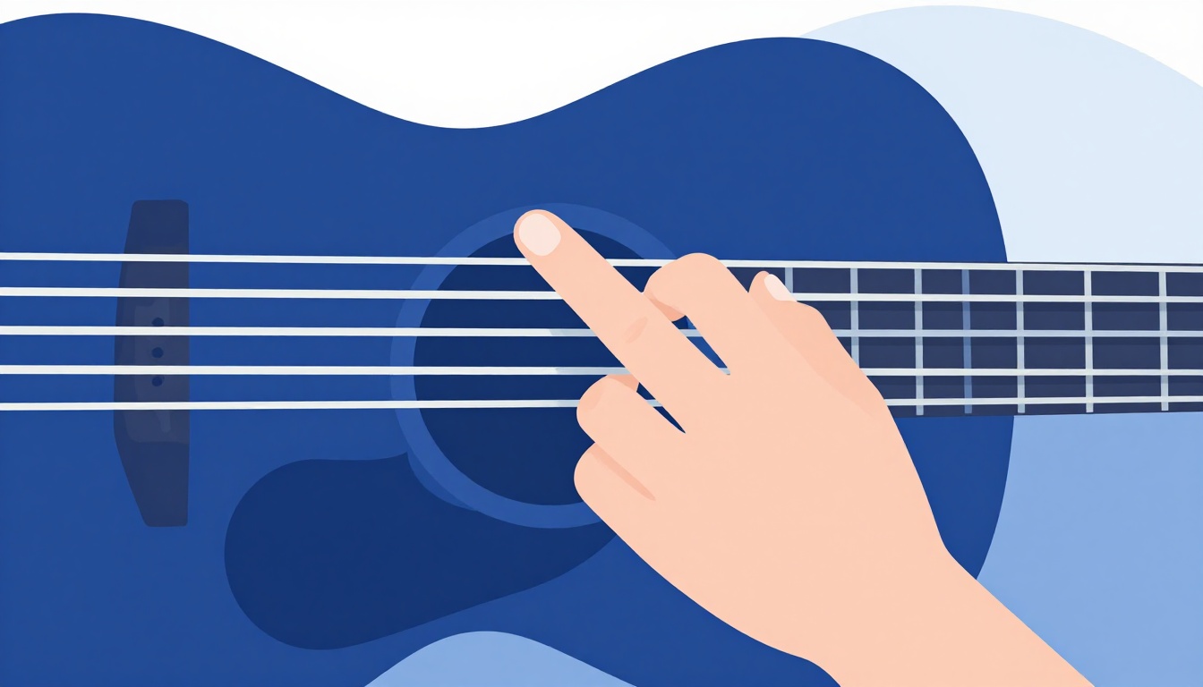 A close up of a capo clamped across an acoustic guitar neck, a left hand fingering a chord shape just behind it