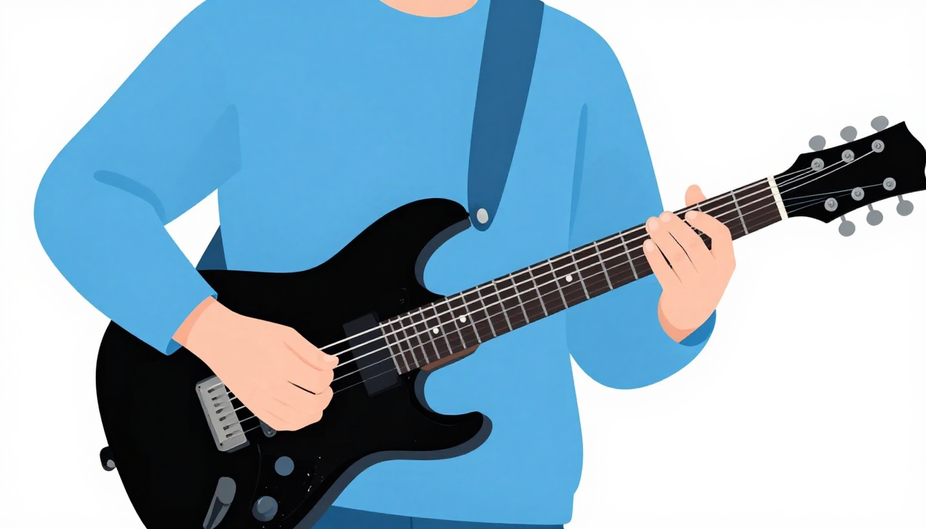 A close up of a right hand strumming an electric guitar near the bridge, muting the strings with the heel of the palm