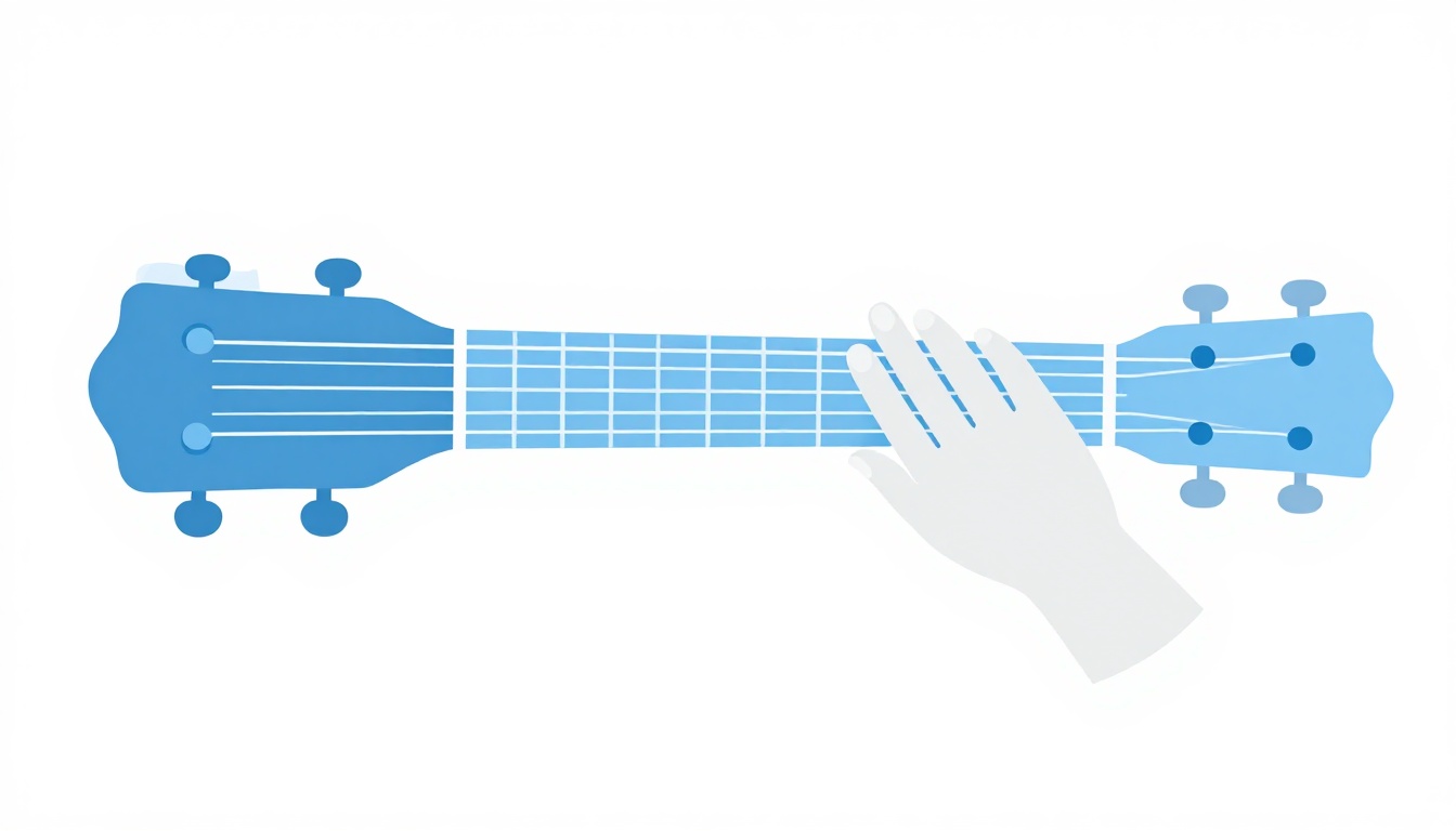 A close up of a left hand with the index and middle fingers resting on two guitar strings while the ring finger reaches toward a third string nearby