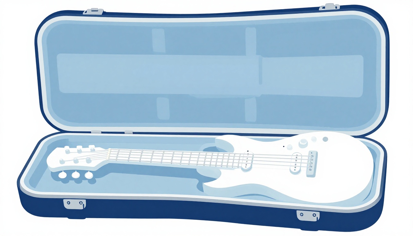An electric guitar lying in an open hard shell case lined with soft padding