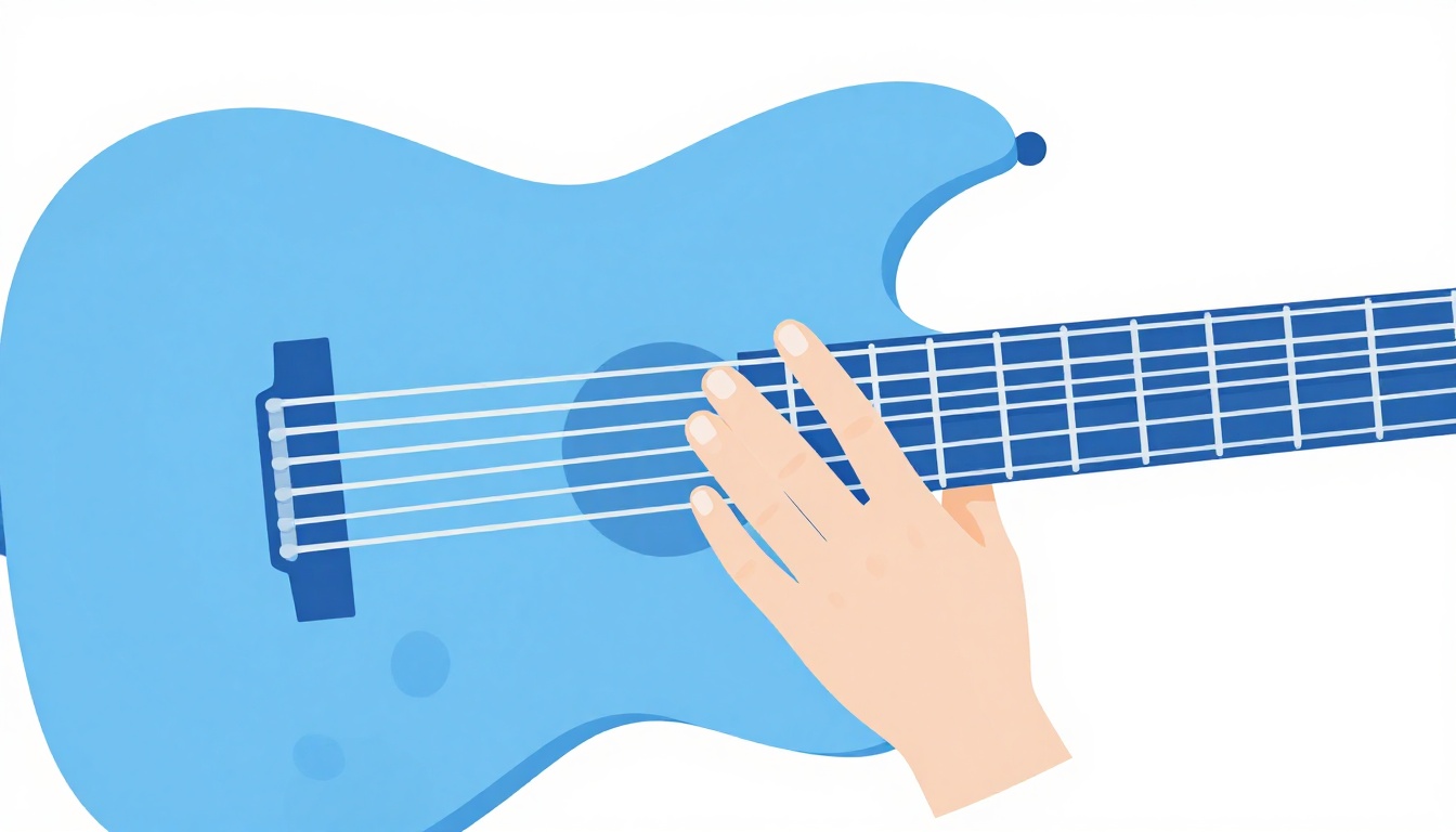 A close-up of a left hand adjusting finger position on a fretboard, fingers arched to avoid touching neighboring strings
