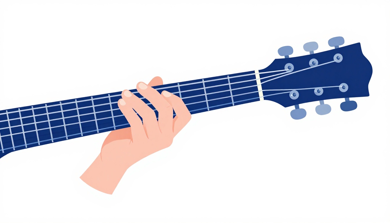 A hand demonstrating an alternate fingering on a guitar neck using ring and pinky fingers instead of index and middle