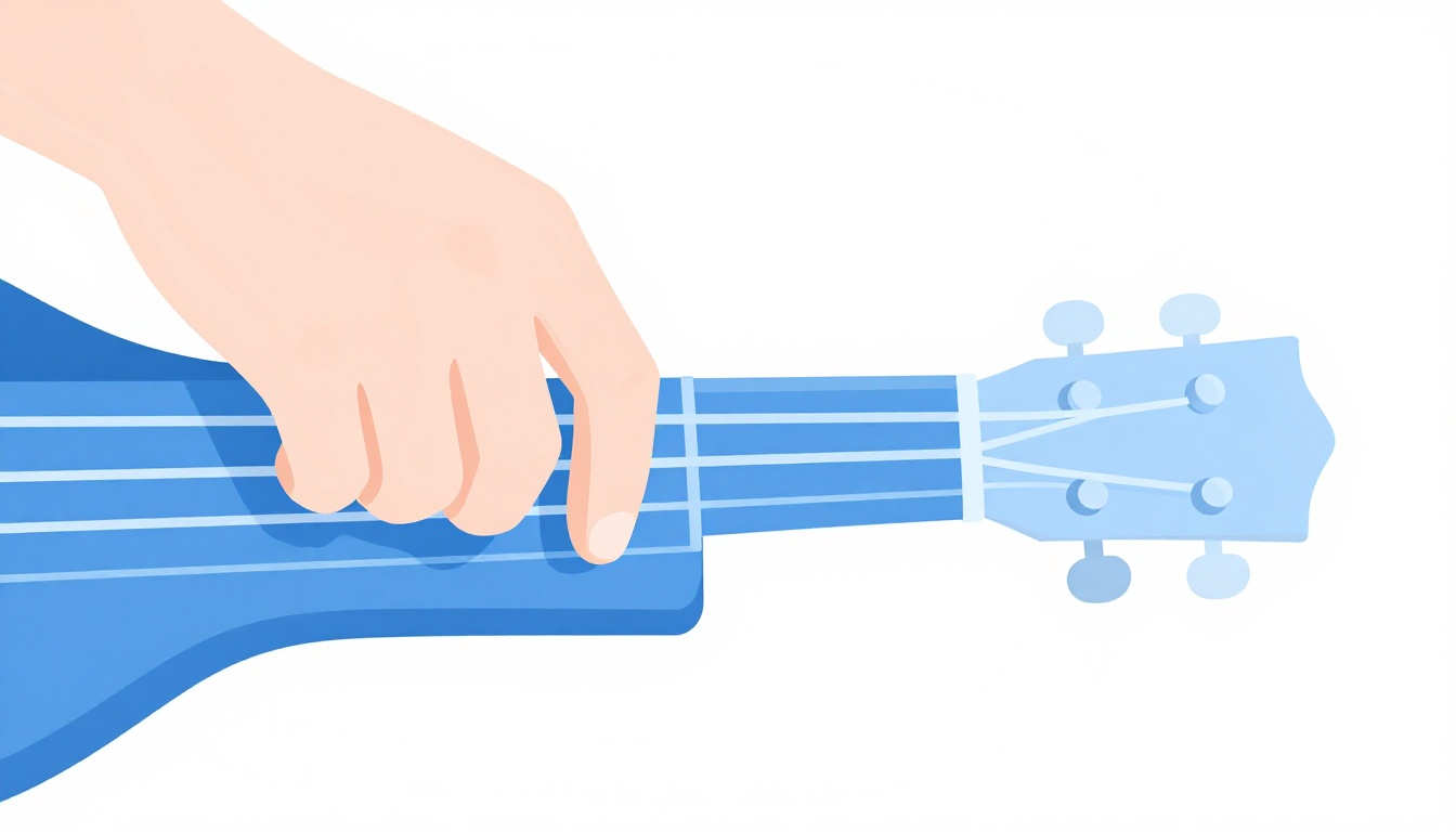 A hand forming an open A minor chord on an acoustic guitar neck for comparison