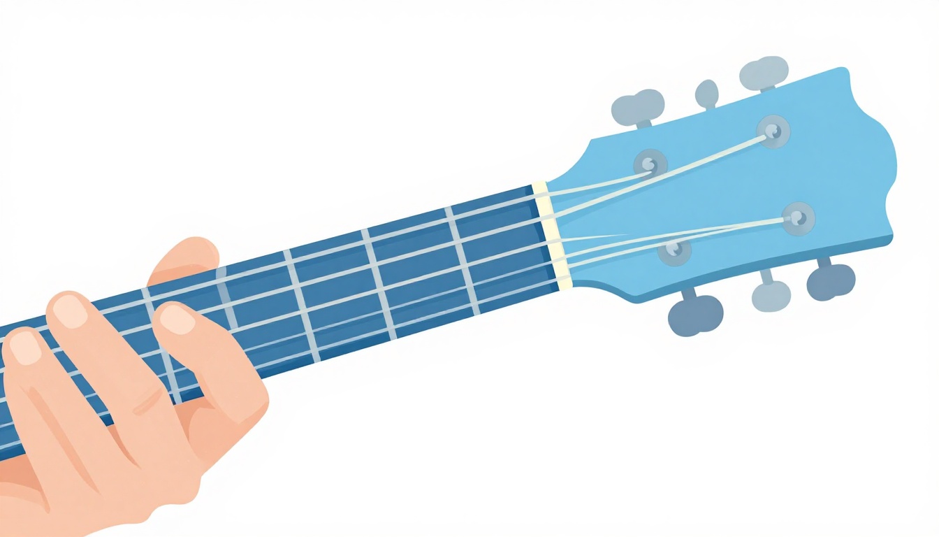 A hand forming an open A minor chord shape with the low E string included, ringing as an unmuted bass note