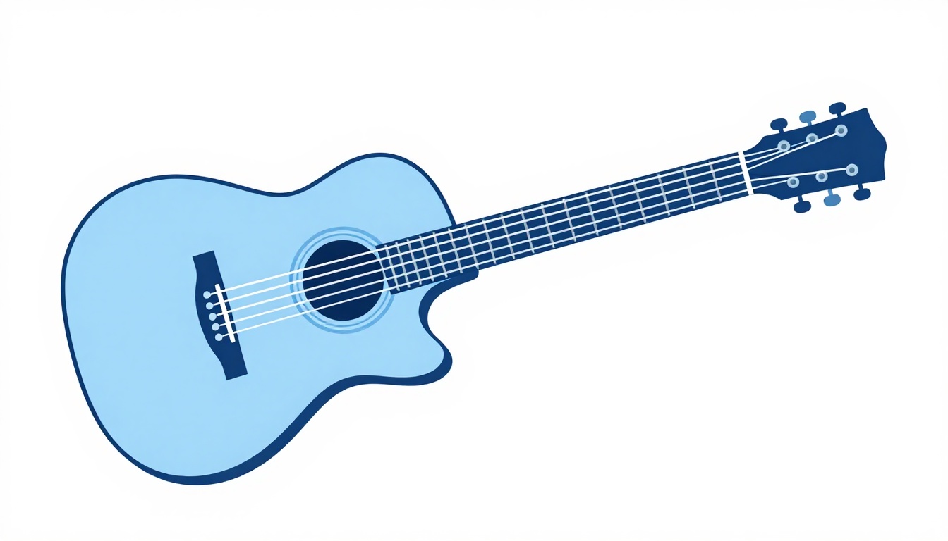 A hand fretting a chord on an acoustic guitar neck with sheet music and a chord chart visible on a stand nearby