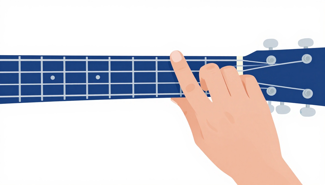 A close-up of a left hand fingering an open Dm7 chord on an acoustic guitar neck, index finger flat across two strings
