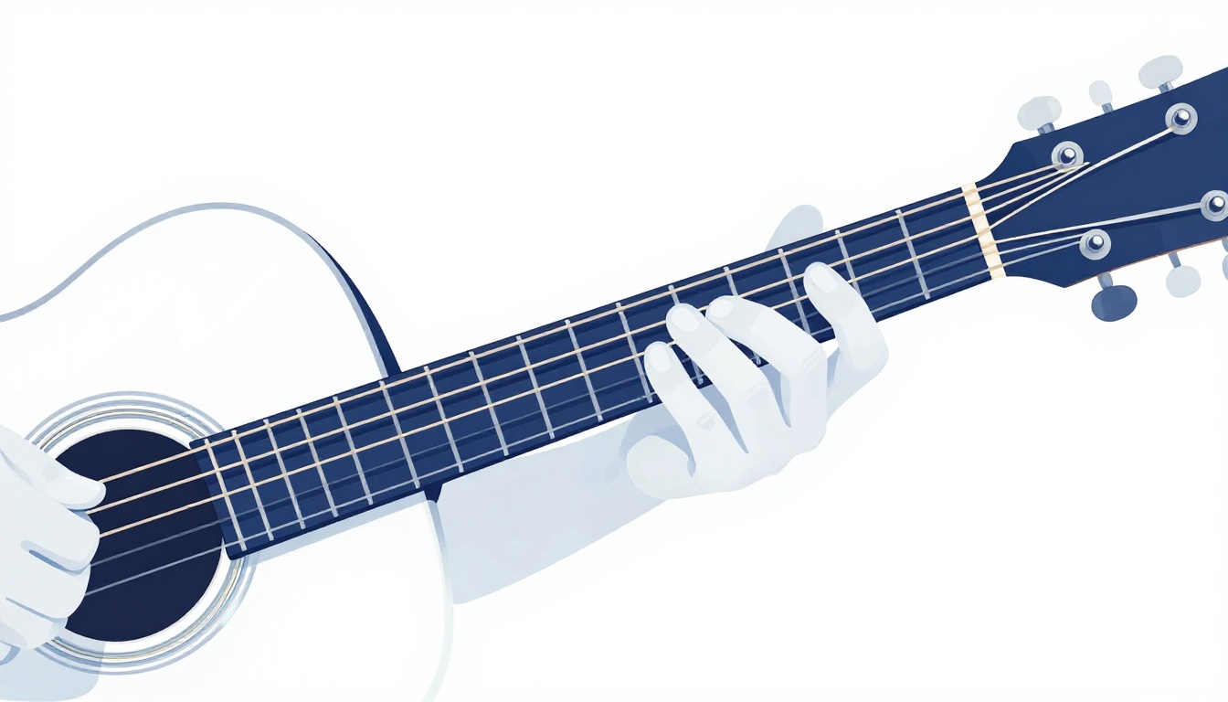 A close-up of a strumming hand starting a downstroke at the fourth string of an acoustic guitar, missing the two thicker strings entirely