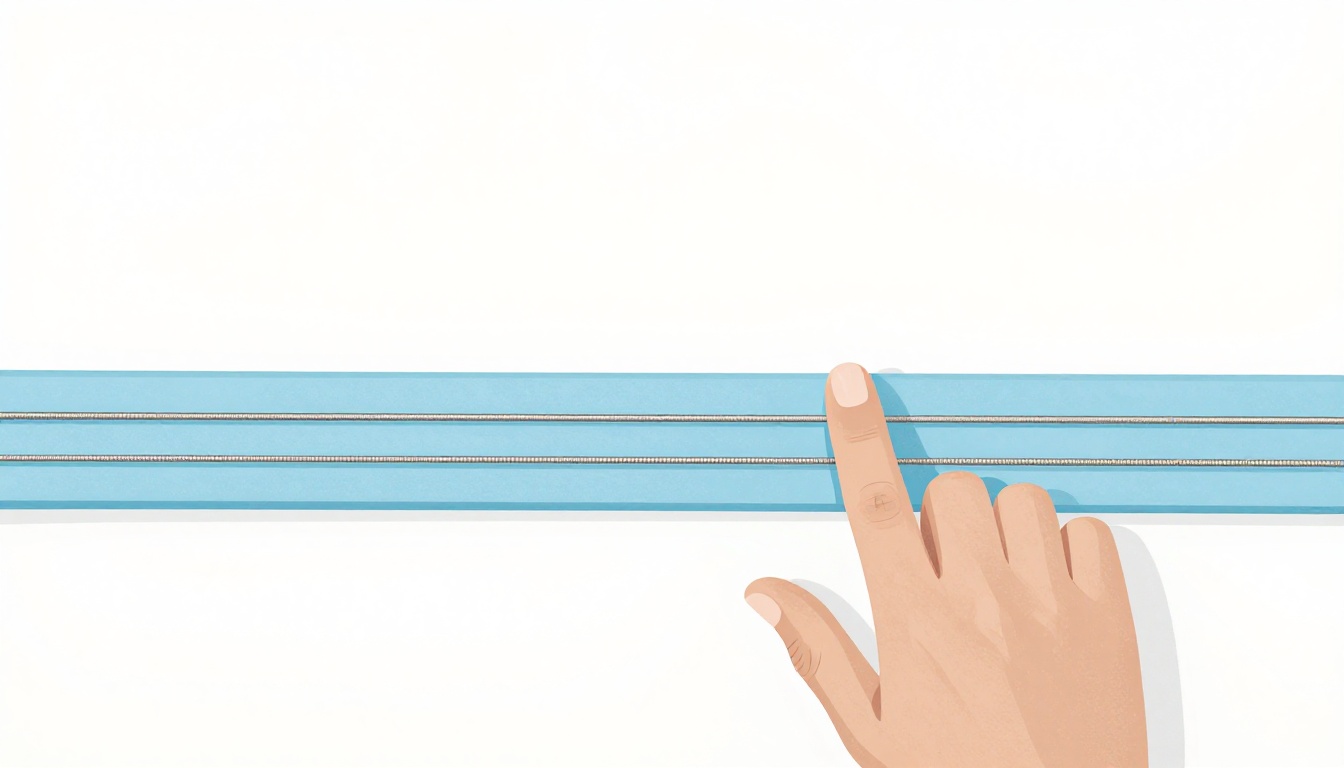 An extreme close-up of a finger lying flat across two adjacent strings on a guitar neck
