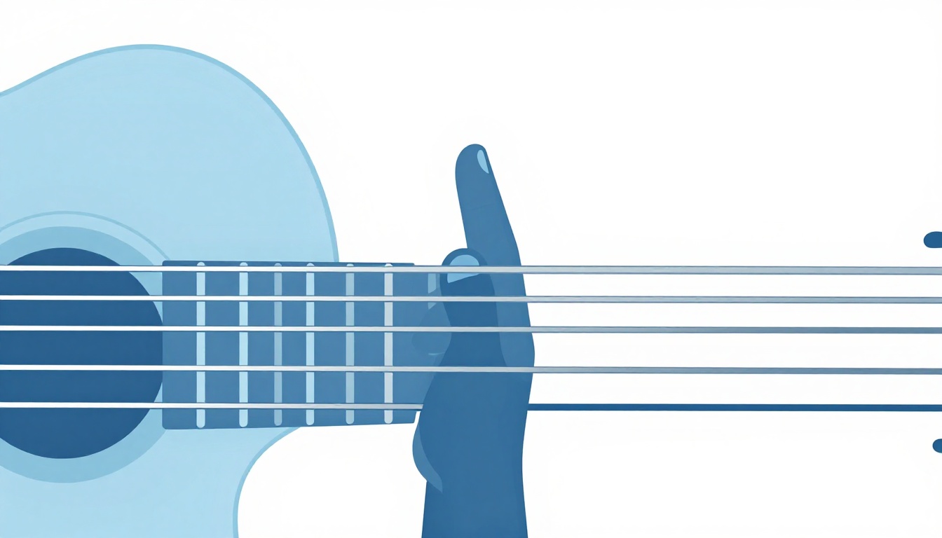 A close-up of a middle finger pressing down on a fretted string while a neighboring string is shown ringing clearly beside it
